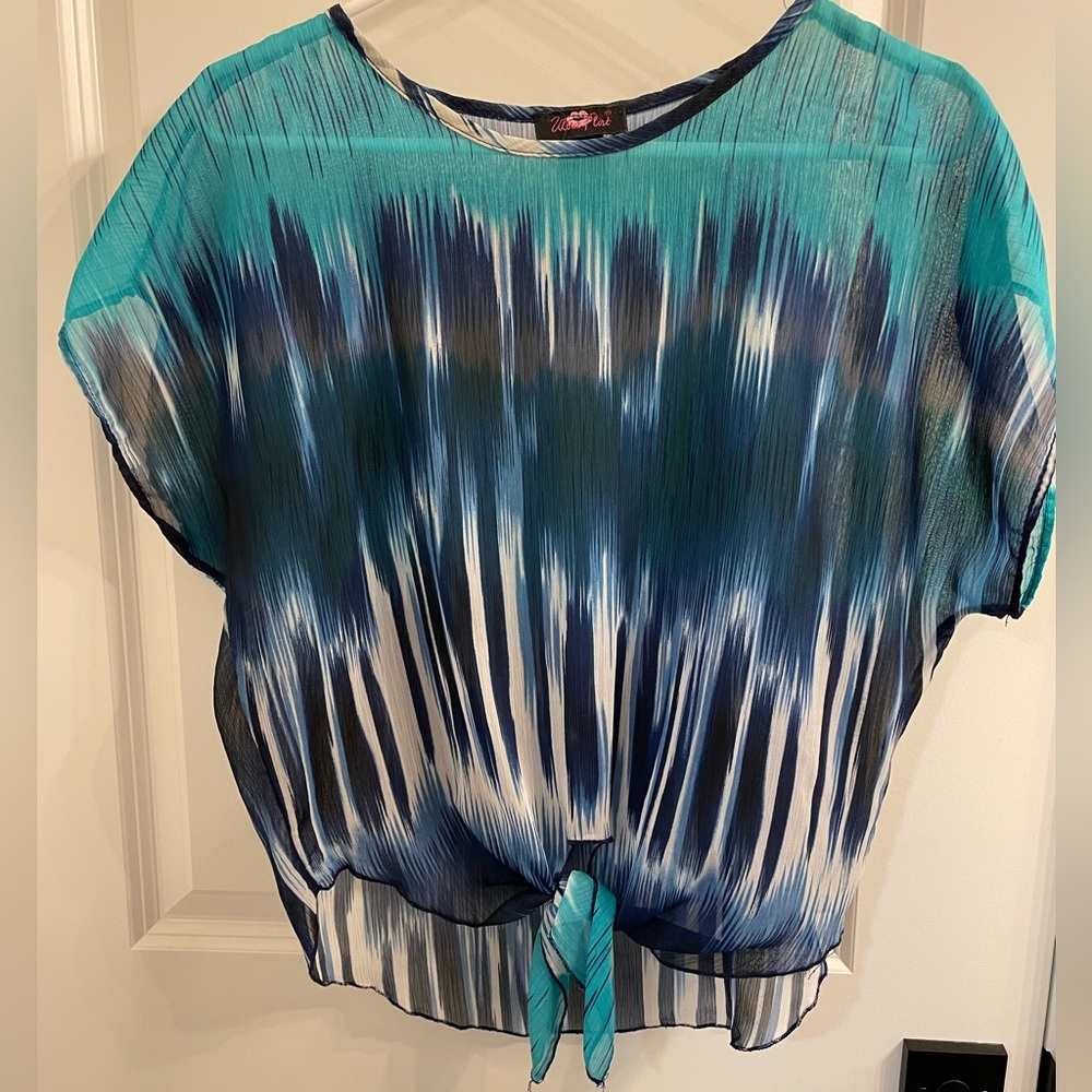 Sheer Blue Tie Front Top